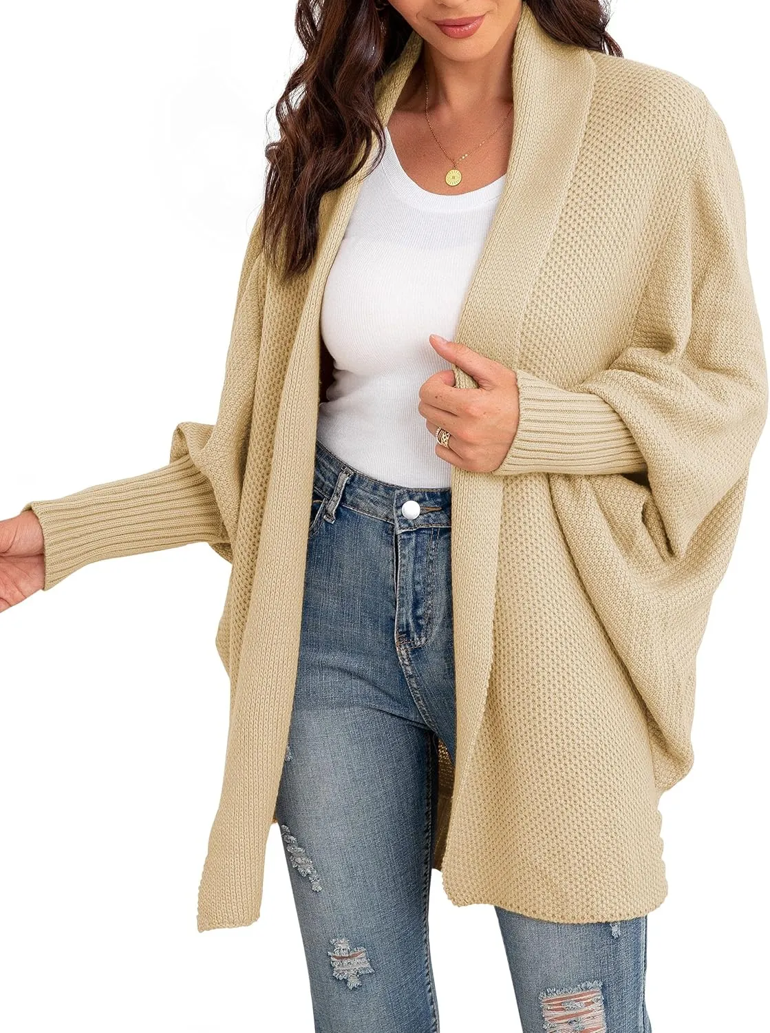GRECERELLE Women's Kimono Batwing Cable Open Front Knitted Slouchy Oversized Wrap Cardigan Sweater Outwear Coat