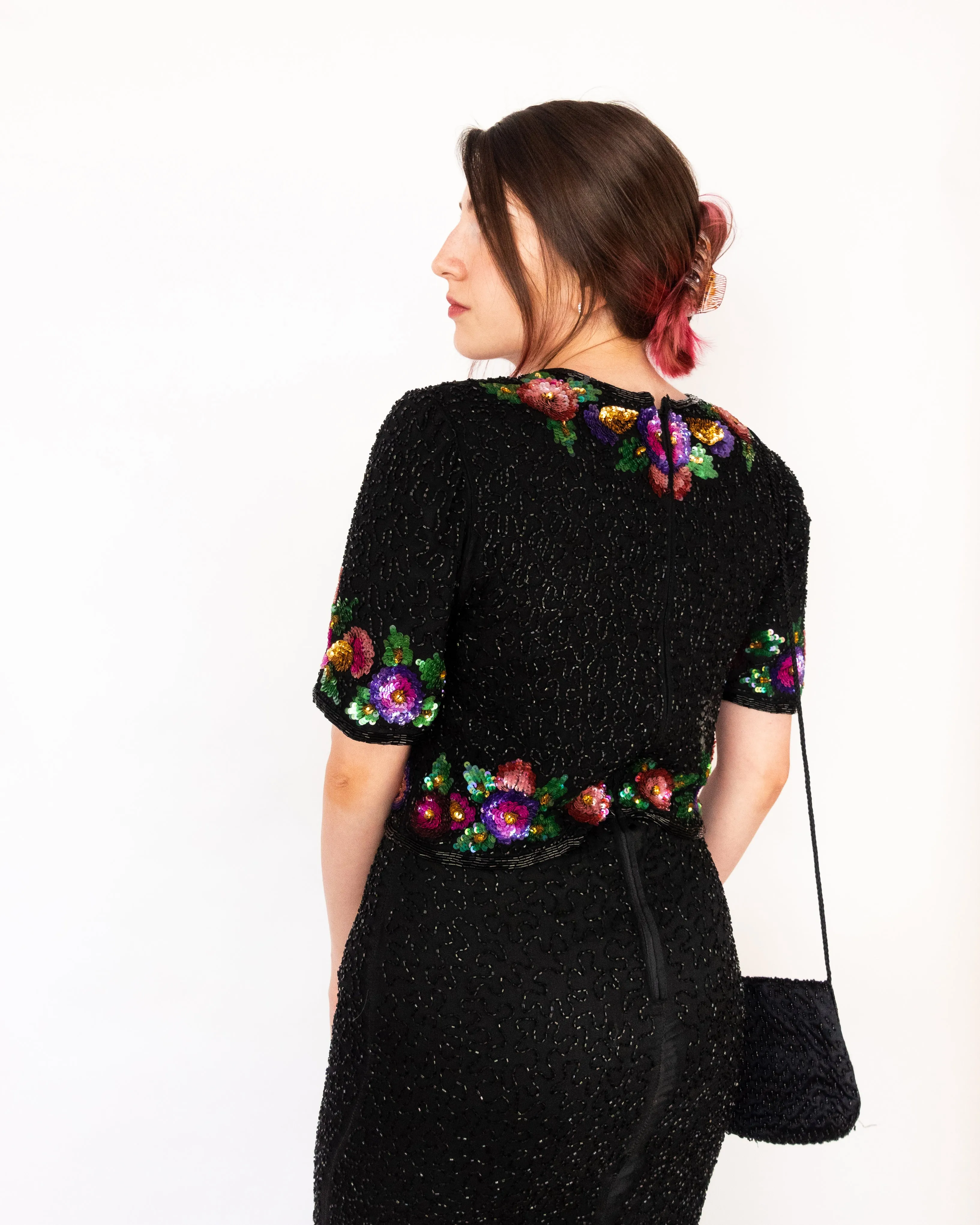 Hand Beaded Floral Sequin Embroidered Maxi Dress Black