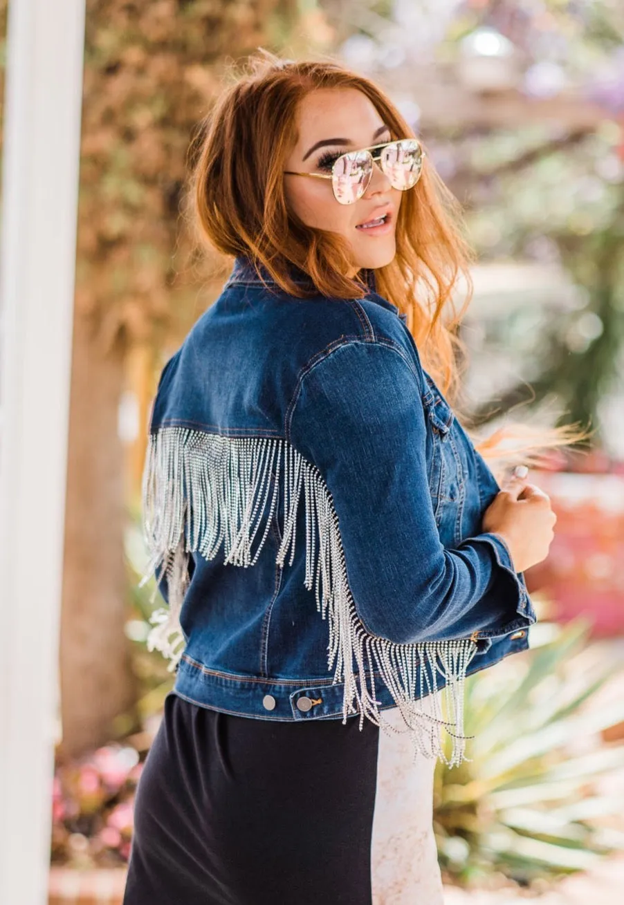 Jacket, Western Cut Denim with Rhinestone Fringe - Style HC792