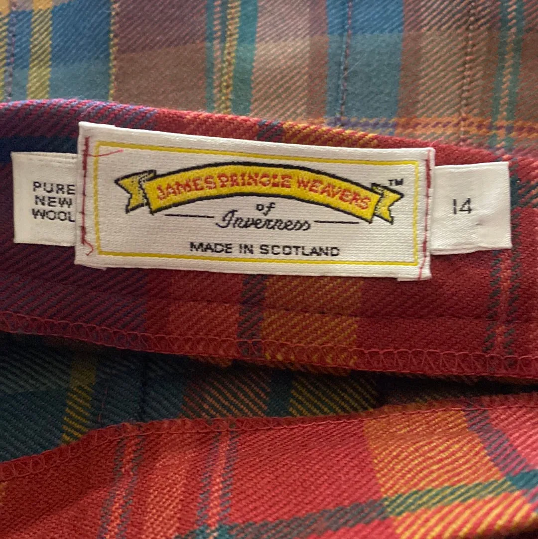 James Pringle Weavers Red and Green Tartan Kilt Style Skirt UK Size 12