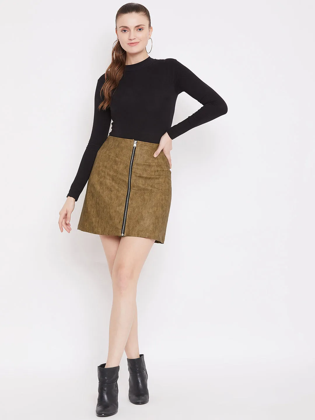 JUMP USA Women tan Lether Front zip mini Skirt