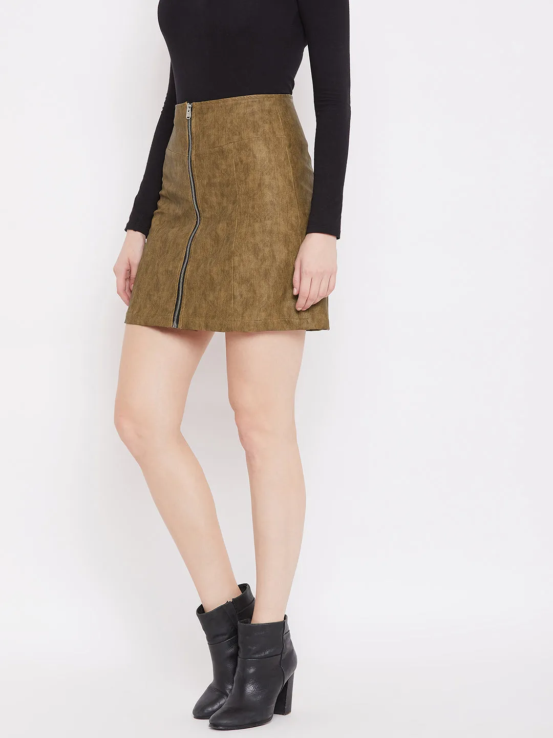JUMP USA Women tan Lether Front zip mini Skirt