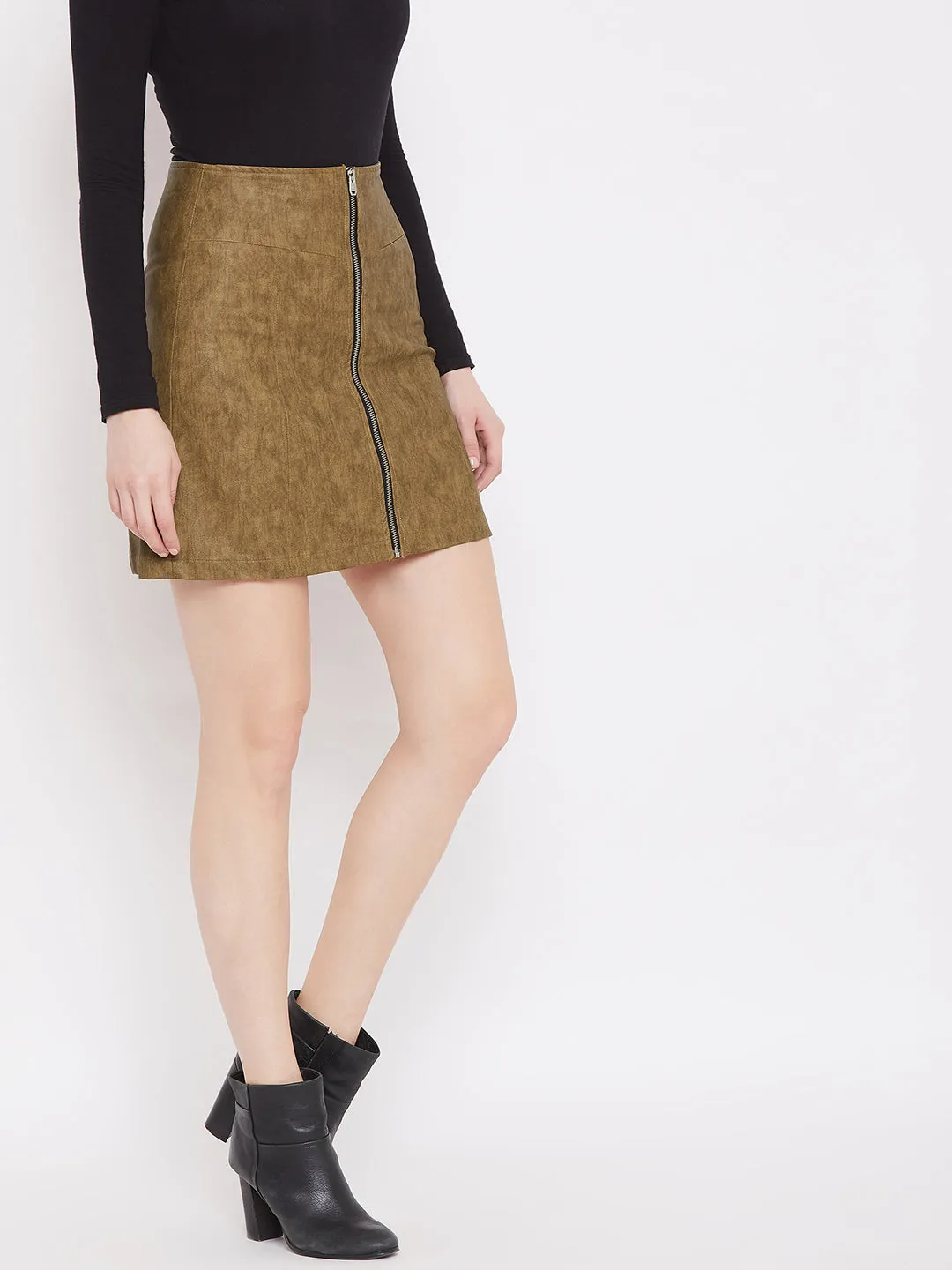 JUMP USA Women tan Lether Front zip mini Skirt