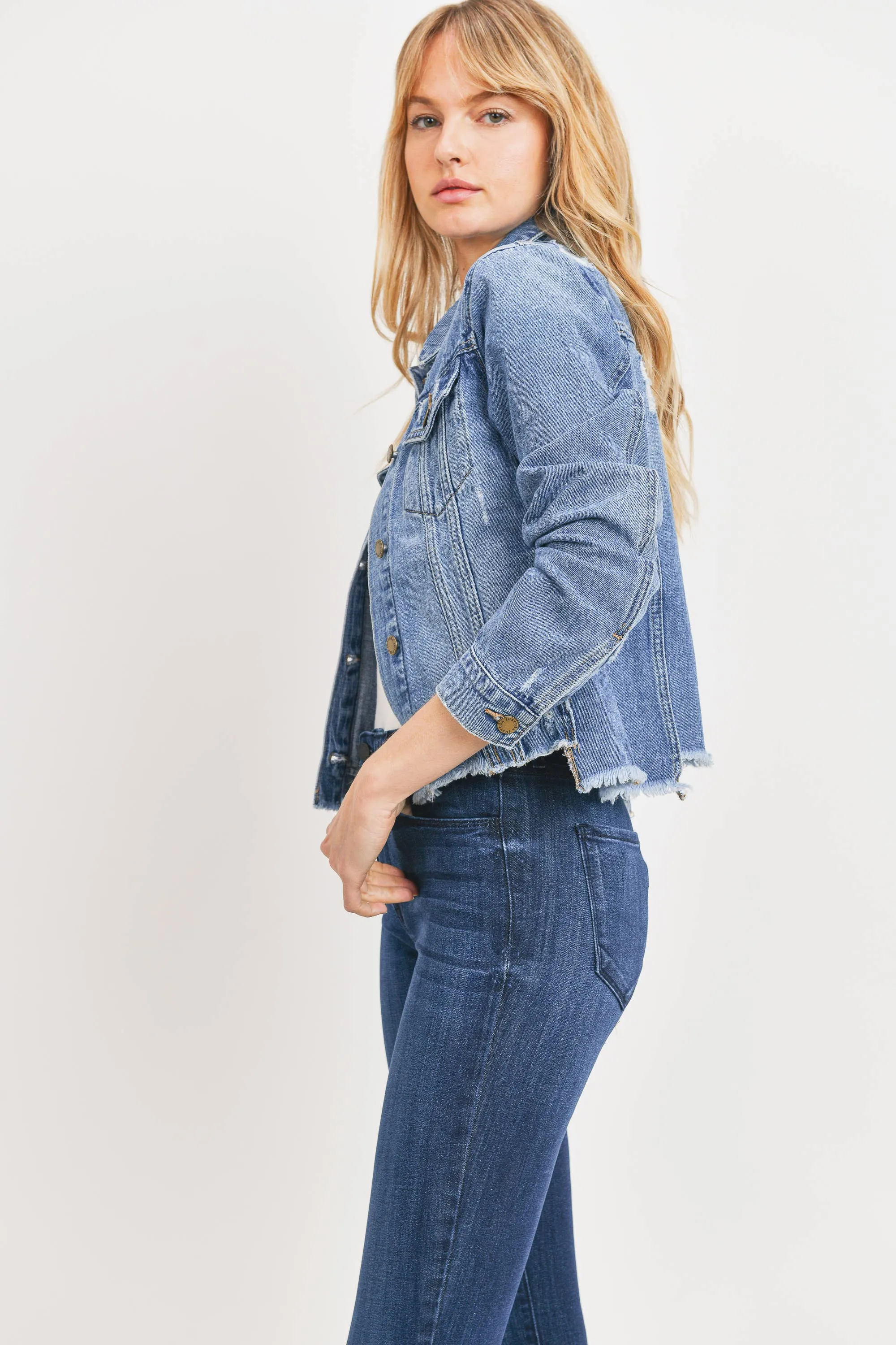Just USA Distressed Staircase Hem Denim Jacket