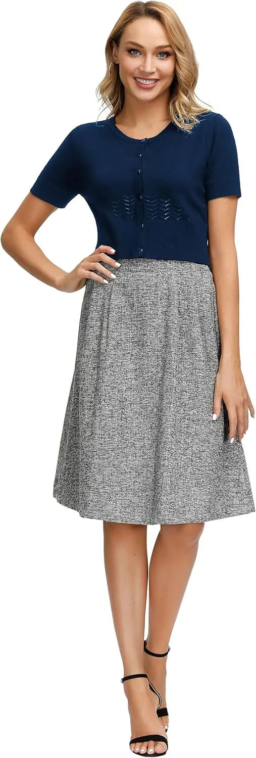 KANCY KOLE Women's Soft Basic Crew Neck Short Sleeve Cropped Bolero Cardigan Sweater