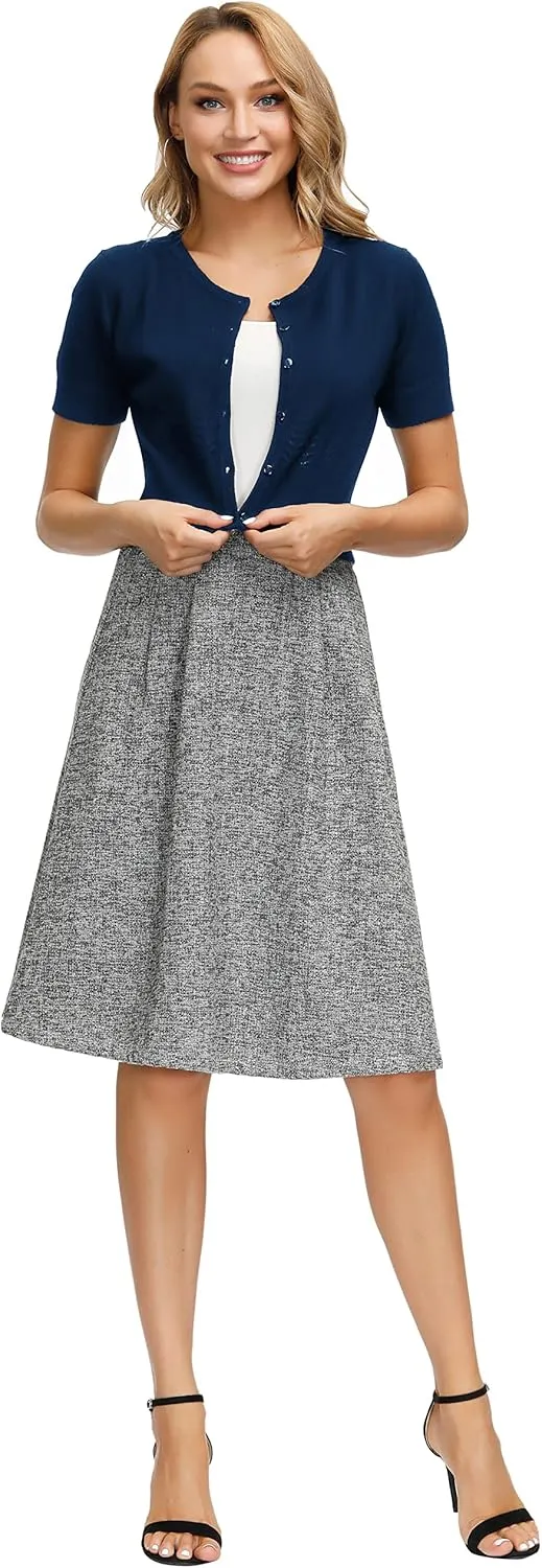 KANCY KOLE Women's Soft Basic Crew Neck Short Sleeve Cropped Bolero Cardigan Sweater