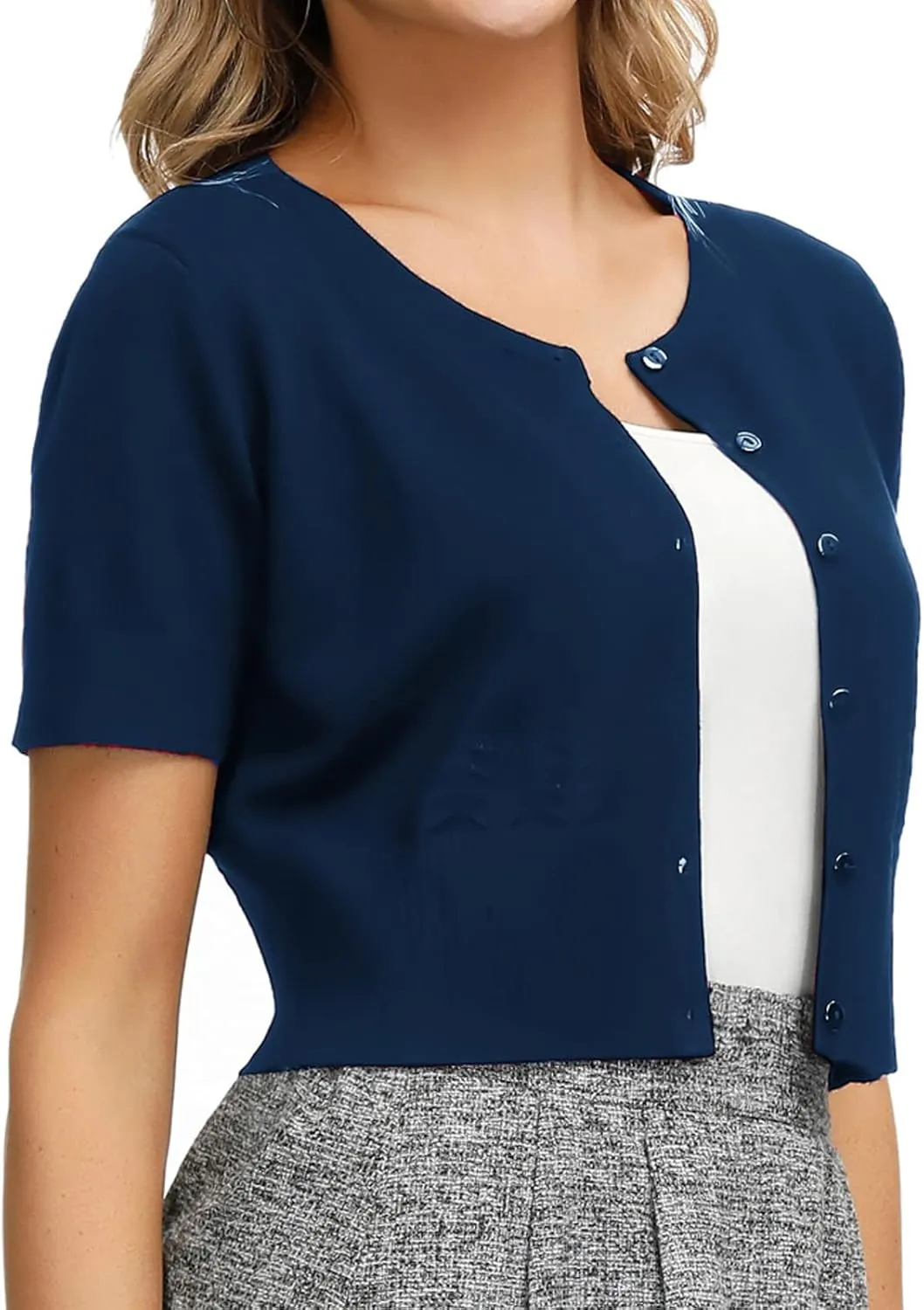 KANCY KOLE Women's Soft Basic Crew Neck Short Sleeve Cropped Bolero Cardigan Sweater