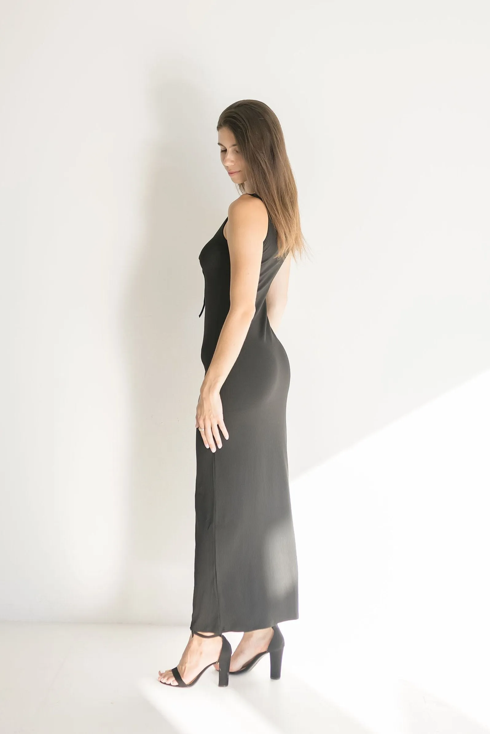 Kellan Sleeveless Front Tie Ribbed Knit Maxi Dress Black