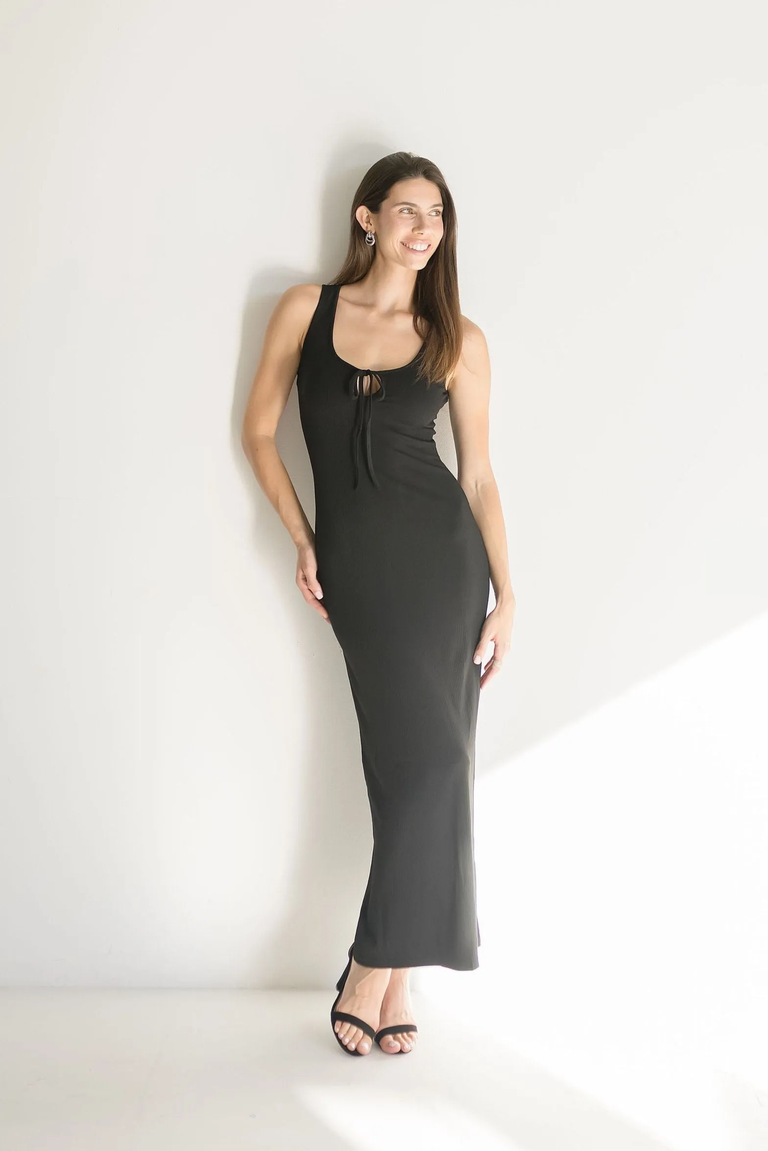 Kellan Sleeveless Front Tie Ribbed Knit Maxi Dress Black