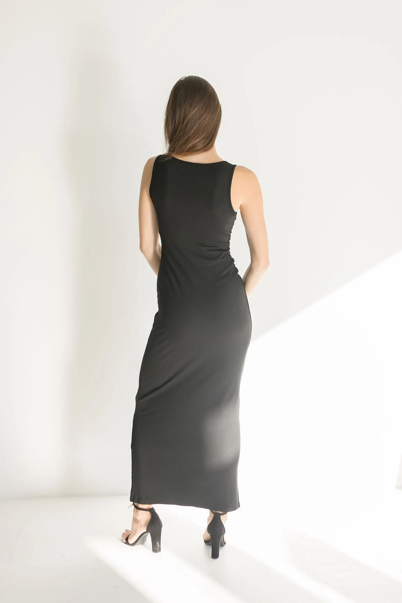 Kellan Sleeveless Front Tie Ribbed Knit Maxi Dress Black