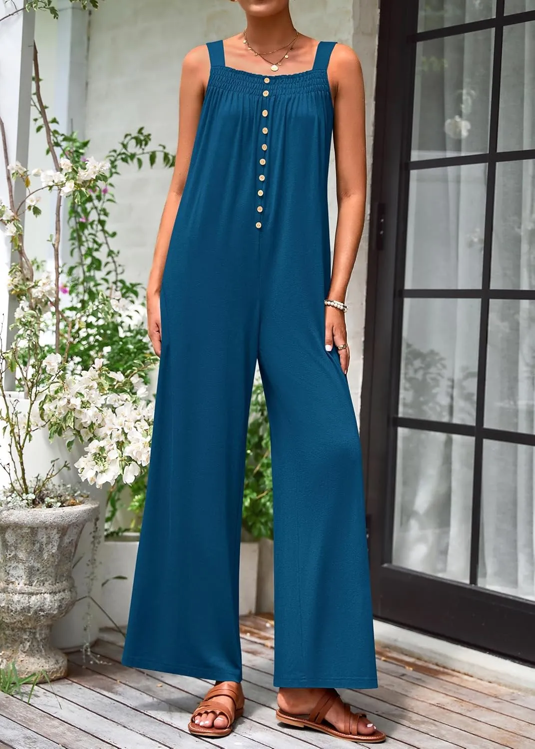KIRUNDO Summer One Piece Jumpsuits For Women 2025 Casual Loose Button Sleeveless Romper Knit Wide Leg Overalls With Pockets
