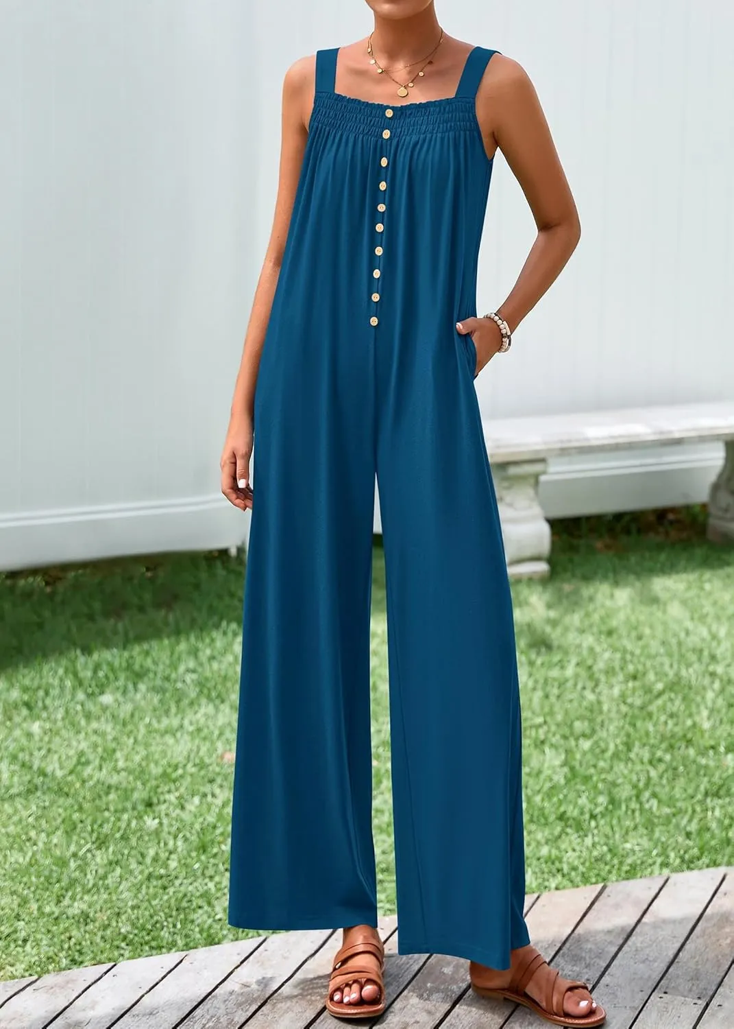 KIRUNDO Summer One Piece Jumpsuits For Women 2025 Casual Loose Button Sleeveless Romper Knit Wide Leg Overalls With Pockets