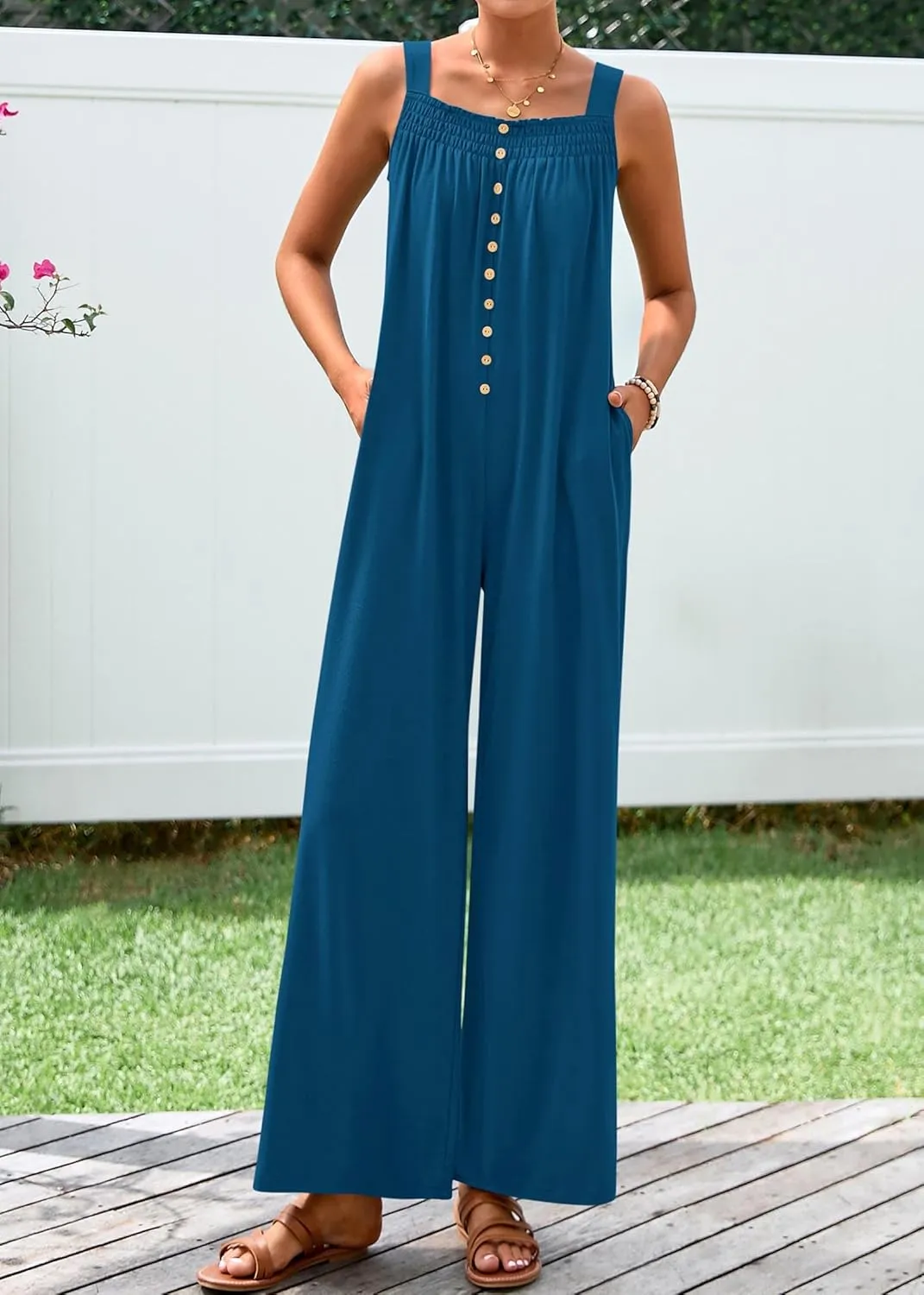 KIRUNDO Summer One Piece Jumpsuits For Women 2025 Casual Loose Button Sleeveless Romper Knit Wide Leg Overalls With Pockets
