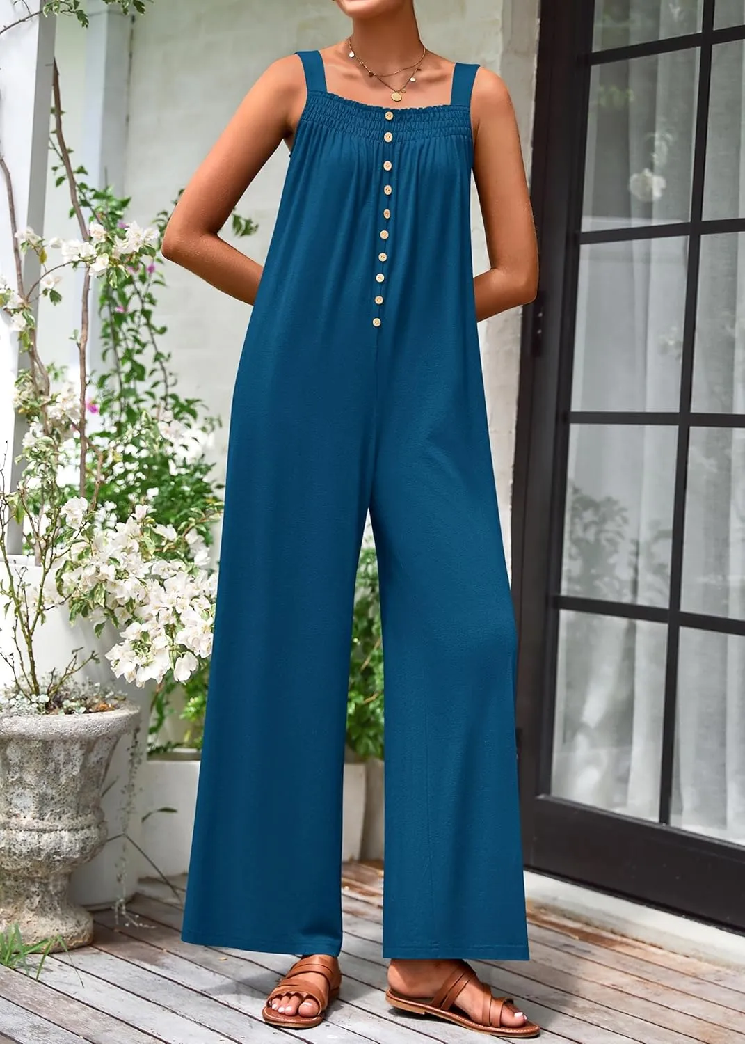 KIRUNDO Summer One Piece Jumpsuits For Women 2025 Casual Loose Button Sleeveless Romper Knit Wide Leg Overalls With Pockets