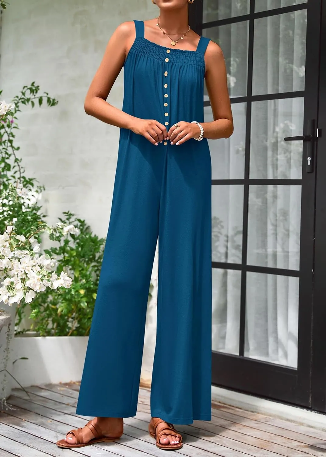 KIRUNDO Summer One Piece Jumpsuits For Women 2025 Casual Loose Button Sleeveless Romper Knit Wide Leg Overalls With Pockets