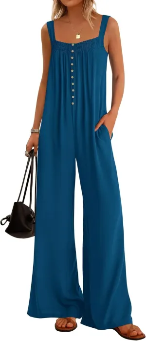 KIRUNDO Summer One Piece Jumpsuits For Women 2025 Casual Loose Button Sleeveless Romper Knit Wide Leg Overalls With Pockets