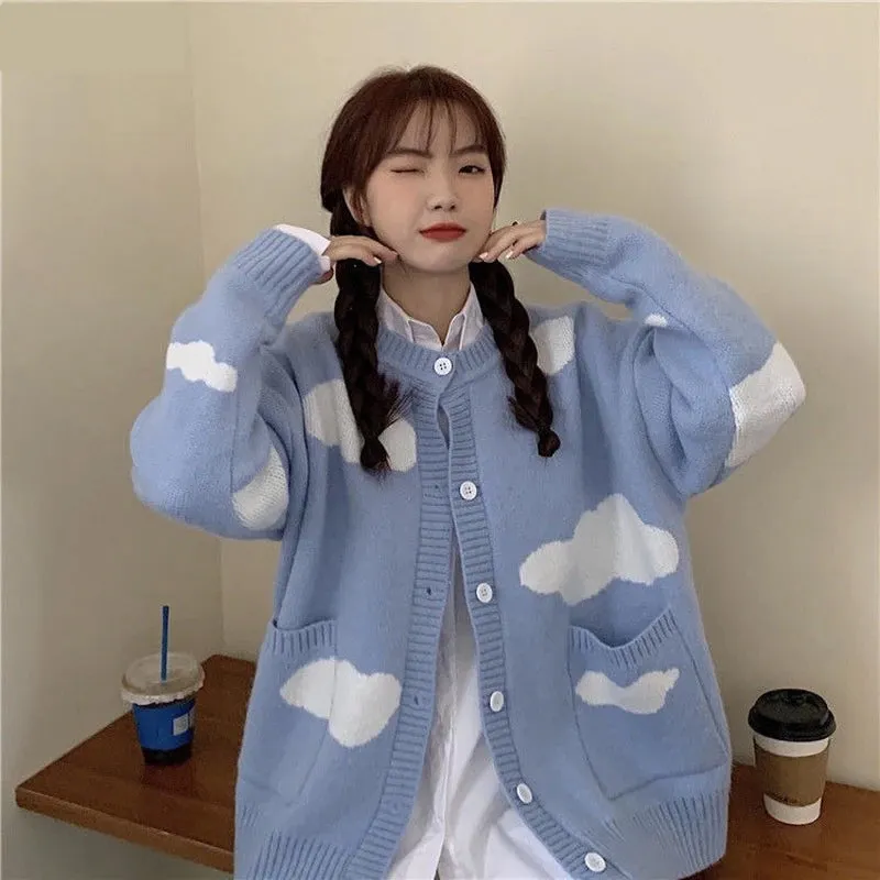 KittenAlarm - Loose Clouds Pattern Knitted Cardigan Sweater