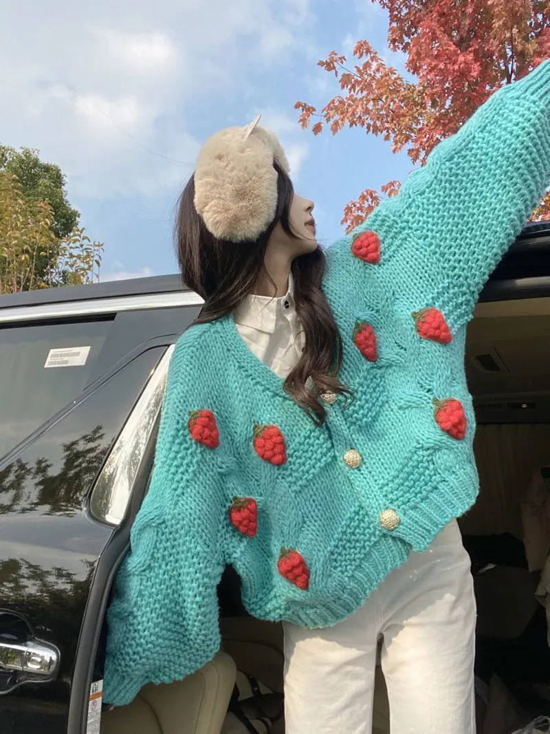 KittenAlarm - Loose Strawbery Pattern Knitted Cardigan Sweater