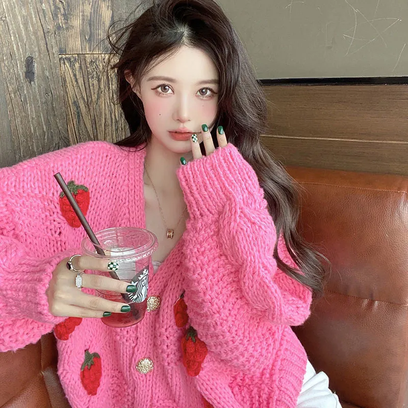 KittenAlarm - Loose Strawbery Pattern Knitted Cardigan Sweater