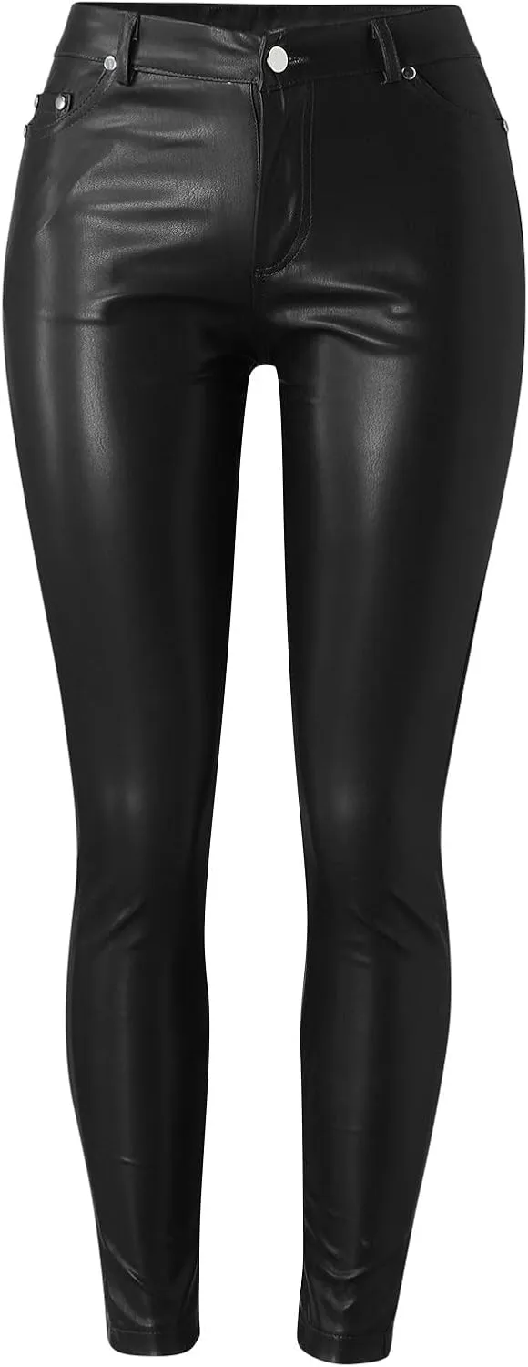 Leggings for Women Faux Leather Yoga Pants High Waisted Tight Button Trousers Skinny Stretch PU Pants with Pockets