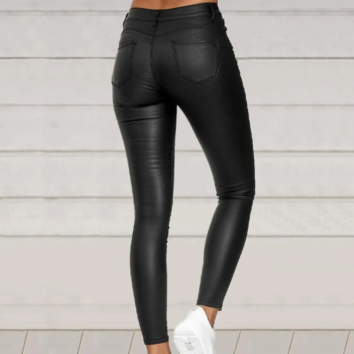 Leggings for Women Faux Leather Yoga Pants High Waisted Tight Button Trousers Skinny Stretch PU Pants with Pockets