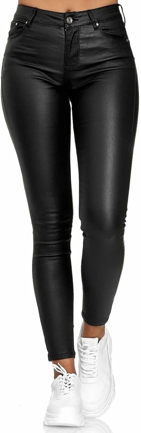 Leggings for Women Faux Leather Yoga Pants High Waisted Tight Button Trousers Skinny Stretch PU Pants with Pockets