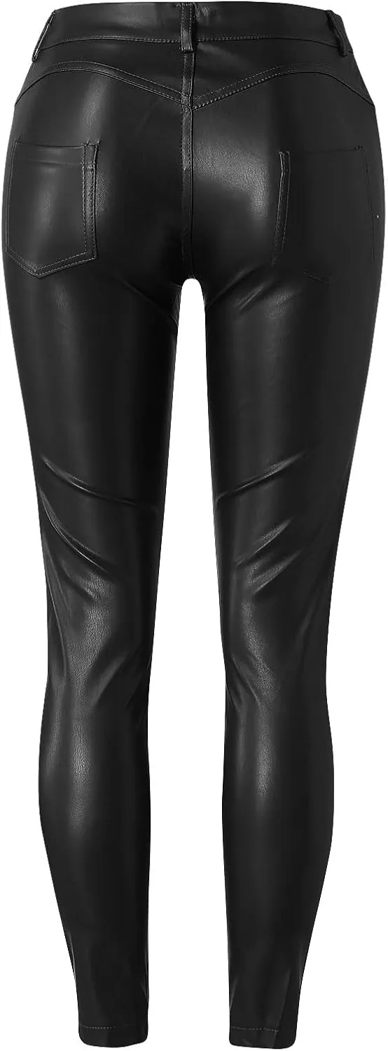 Leggings for Women Faux Leather Yoga Pants High Waisted Tight Button Trousers Skinny Stretch PU Pants with Pockets