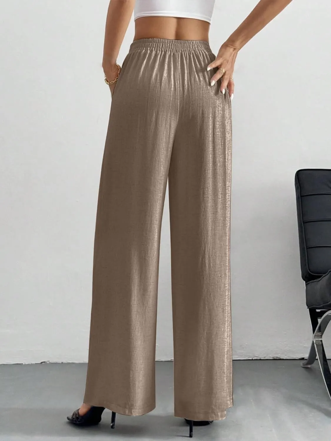Linen Pants for Women Wide Leg Summer Palazzo Pants Flowy Beach Pants with Pockets