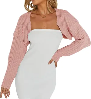 LOFAAC Women Y2K Open Front Rib Knit Shrug Crop Cardigan Solid Drop Shoulder Puff Long Sleeve Crop Bolero Sweater Tops