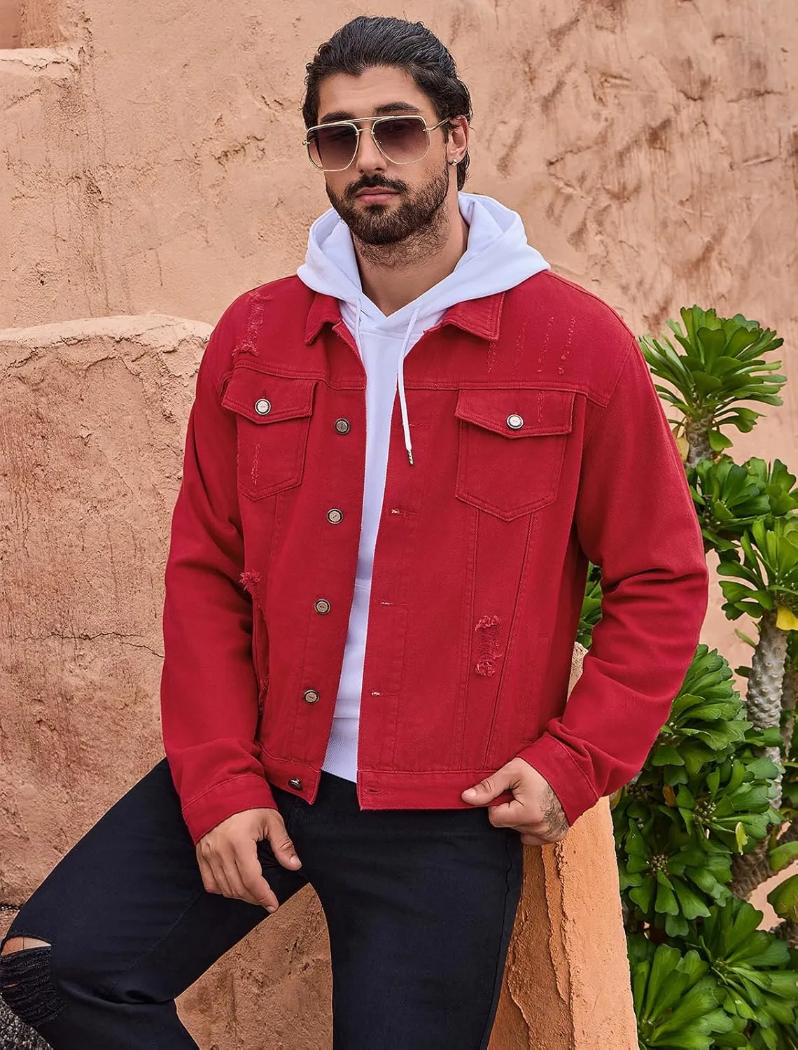 LONGBIDA Men's Jean Jacket Ripped Distressed Denim Trucker Coat with Holes
