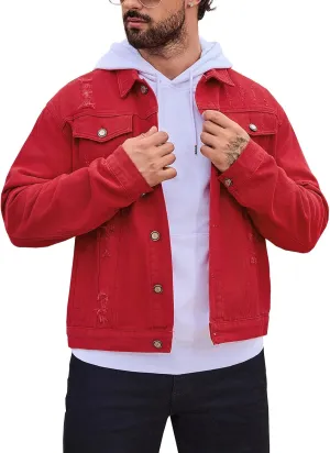 LONGBIDA Men's Jean Jacket Ripped Distressed Denim Trucker Coat with Holes