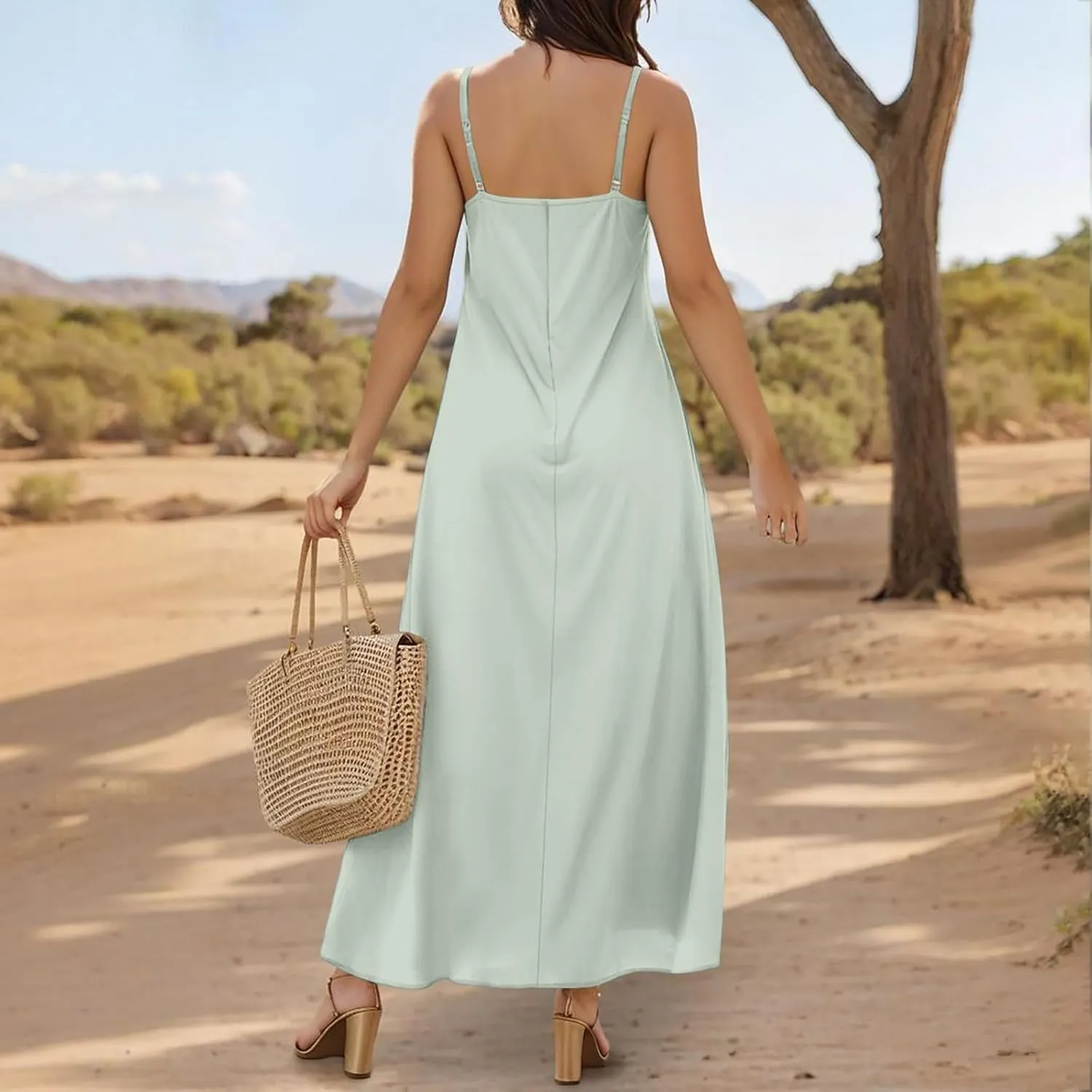 Maxi Dress for Women 2025 Casual Adjustable Spaghetti Strap Summer Long Dresses Flowy Wrap V Neck Beach Vacation Sundress