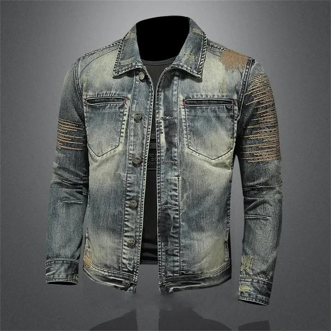 Men's Slim Fit Washed Retro Lapel Denim Jacket Distressed Classic Bomber Jacket