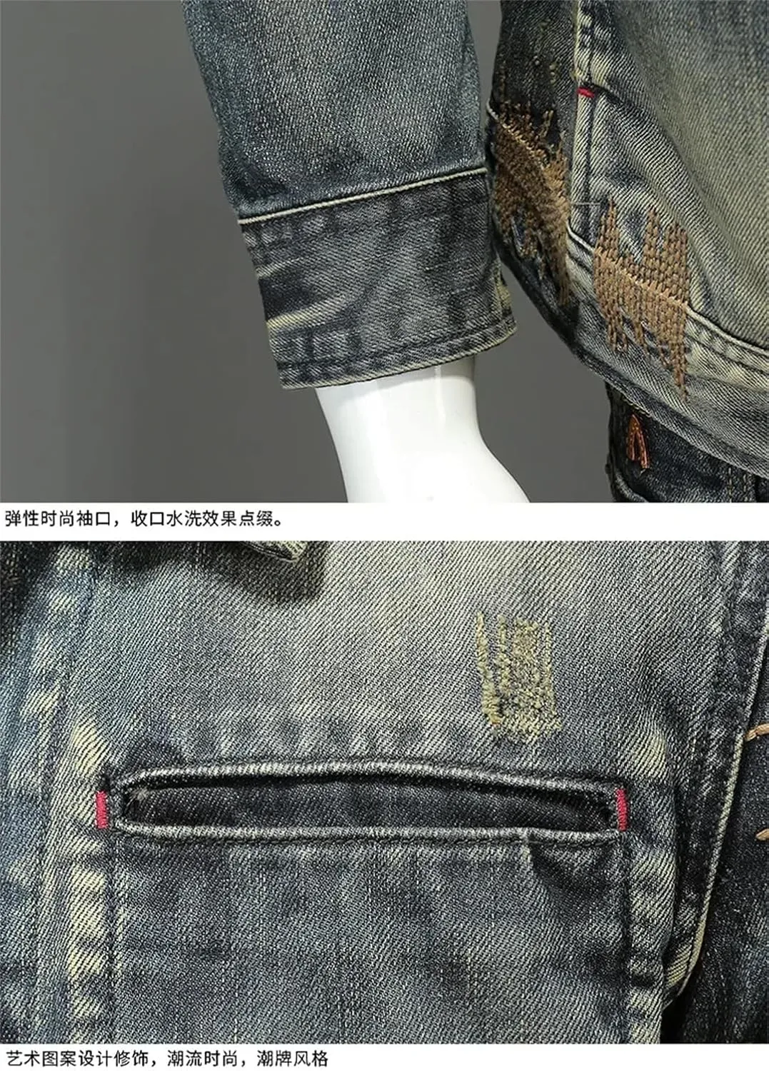 Men's Slim Fit Washed Retro Lapel Denim Jacket Distressed Classic Bomber Jacket