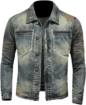 Men's Slim Fit Washed Retro Lapel Denim Jacket Distressed Classic Bomber Jacket