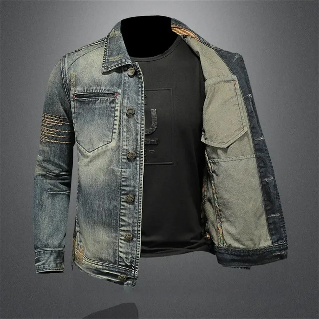 Men's Slim Fit Washed Retro Lapel Denim Jacket Distressed Classic Bomber Jacket
