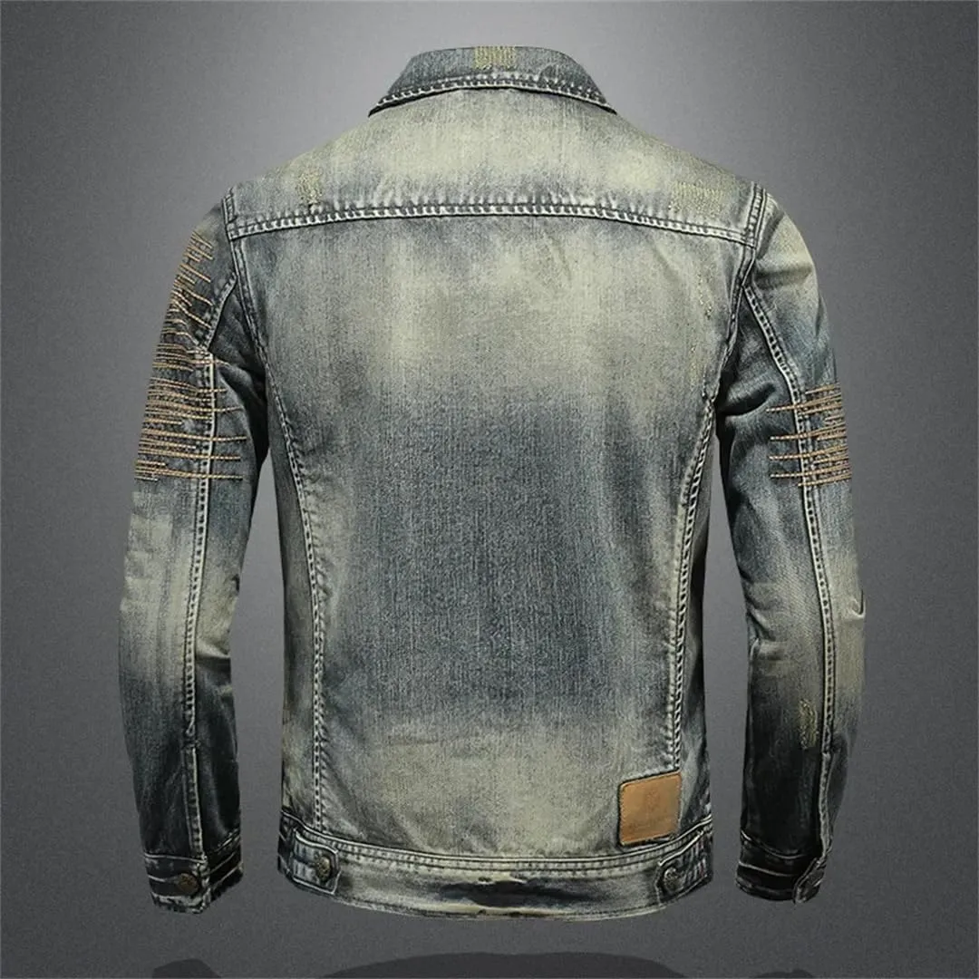 Men's Slim Fit Washed Retro Lapel Denim Jacket Distressed Classic Bomber Jacket