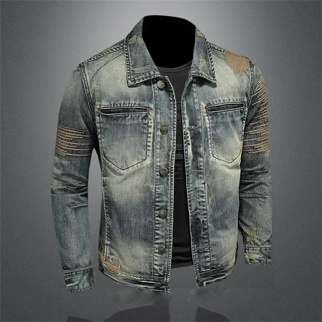 Men's Slim Fit Washed Retro Lapel Denim Jacket Distressed Classic Bomber Jacket
