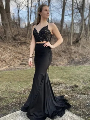 Mermaid V Neck Two Pieces Black Lace Long Prom, Mermaid Black Formal, 2 Pieces Black Evening