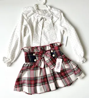 Naxos Clearance SALE - Tartan Print Skirt with Matching Cream & Gold Blouse