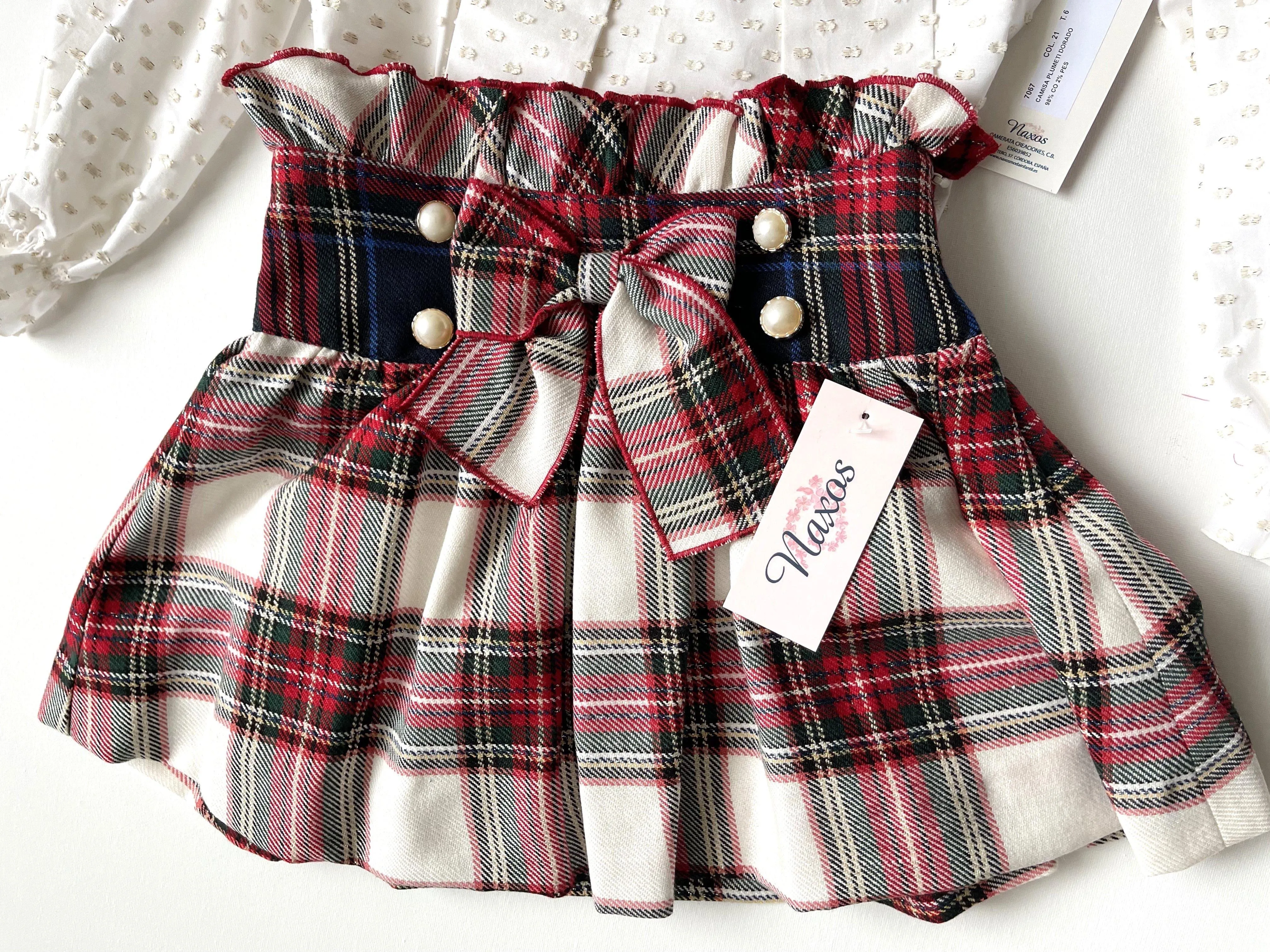 Naxos Clearance SALE - Tartan Print Skirt with Matching Cream & Gold Blouse