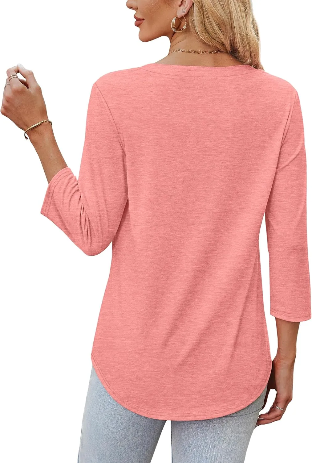 OFEEFAN 3/4 Length Sleeve Womens Tops V Neck Tunic Shirts Loose Curved Hem Blouses Dressy Casual S-3XL