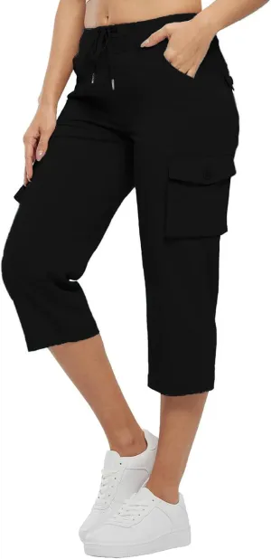 Oplxuo Cargo Pants Womens Capris Summer Hiking Pants Drawstring High Waisted Capri Pants Casual Cropped Sweatpants Pockets
