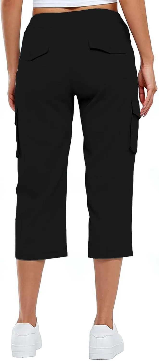 Oplxuo Cargo Pants Womens Capris Summer Hiking Pants Drawstring High Waisted Capri Pants Casual Cropped Sweatpants Pockets