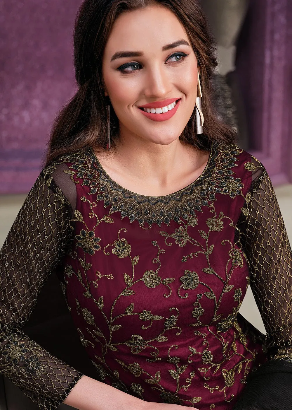 Pant Style Black & Maroon Sequins Embroidered Designer Suit