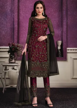 Pant Style Black & Maroon Sequins Embroidered Designer Suit
