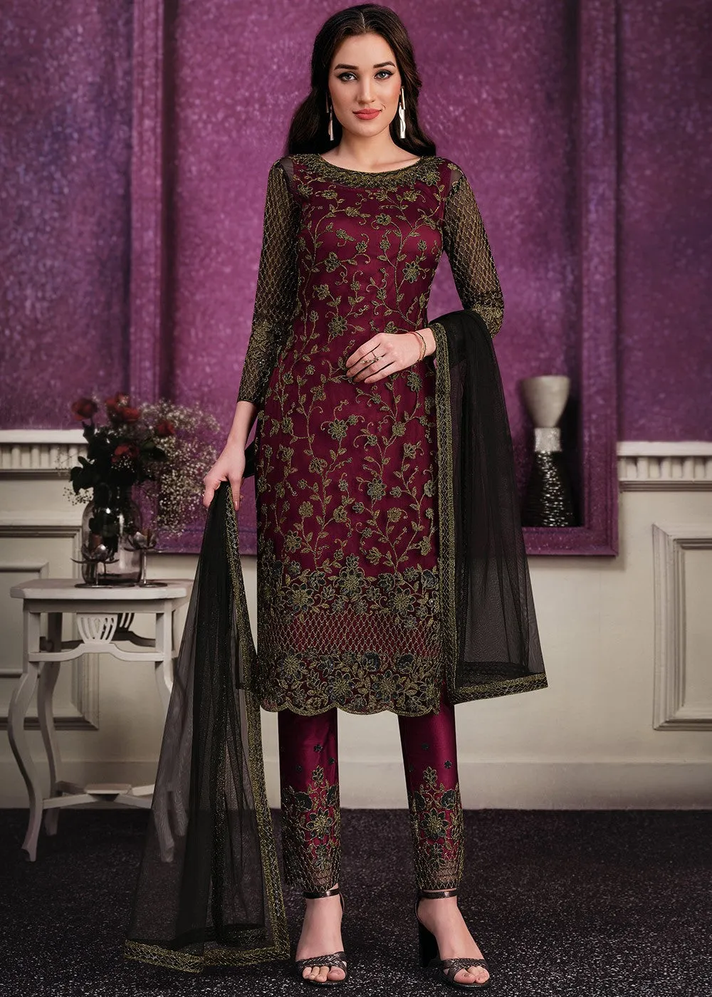 Pant Style Black & Maroon Sequins Embroidered Designer Suit