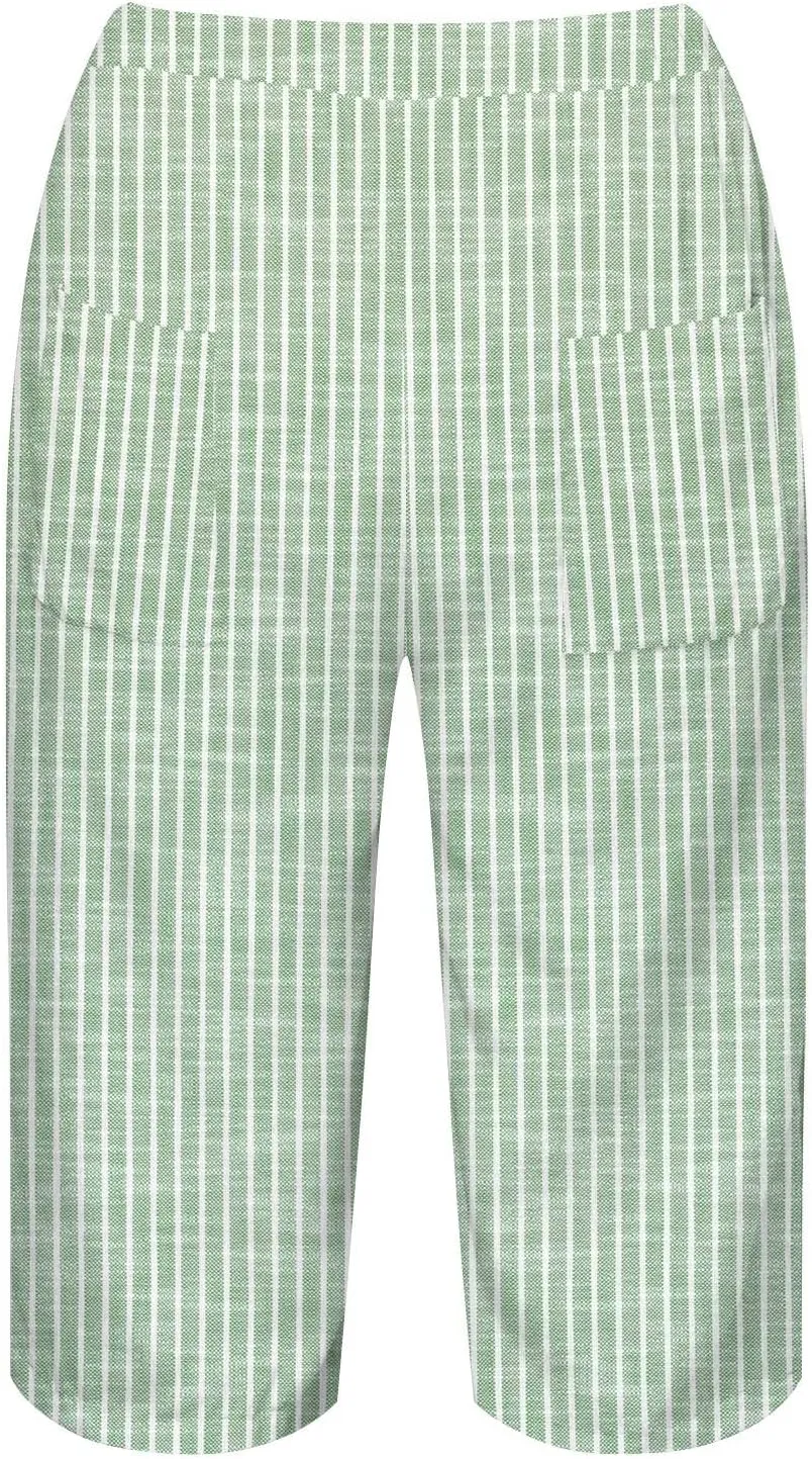 Pedal Pushers for Women Knee Length Linen Casual Striped Bermuda Shorts Summer Elastic Waisted Capris with Pocket