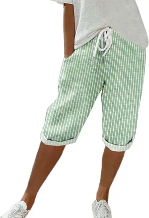 Pedal Pushers for Women Knee Length Linen Casual Striped Bermuda Shorts Summer Elastic Waisted Capris with Pocket