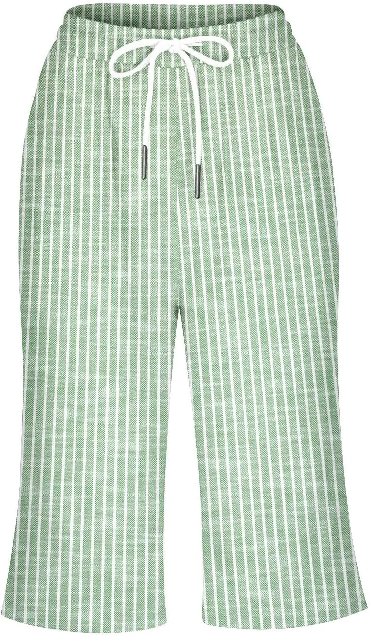 Pedal Pushers for Women Knee Length Linen Casual Striped Bermuda Shorts Summer Elastic Waisted Capris with Pocket